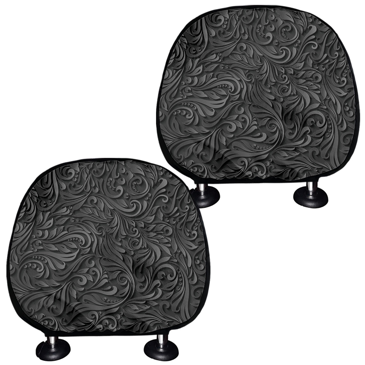 Black Western Damask Floral Print Car Headrest Covers