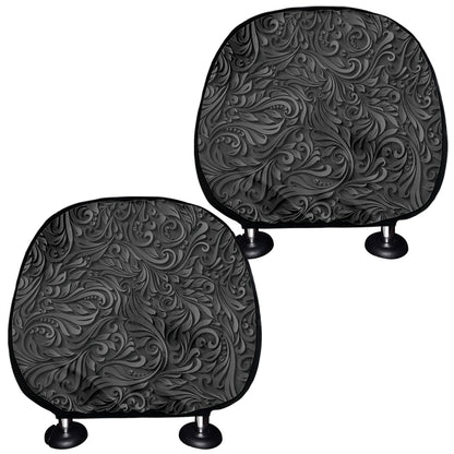 Black Western Damask Floral Print Car Headrest Covers