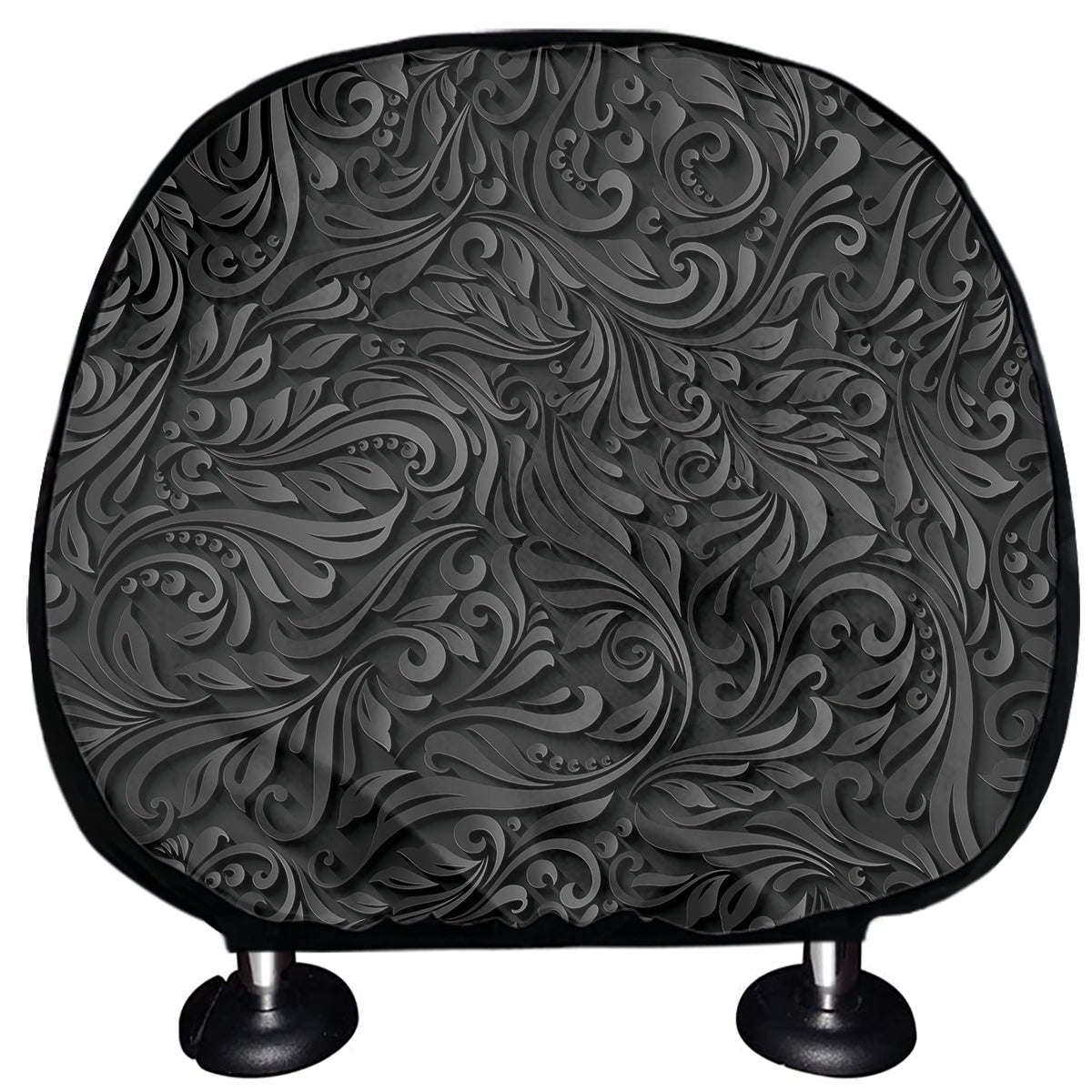 Black Western Damask Floral Print Car Headrest Covers
