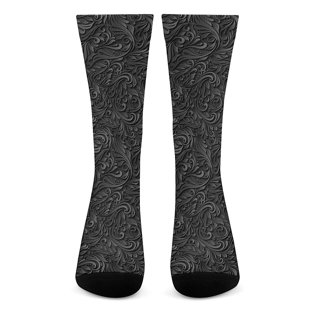 Black Western Damask Floral Print Crew Socks