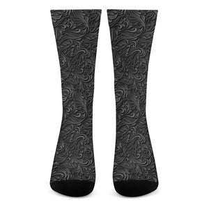 Black Western Damask Floral Print Crew Socks