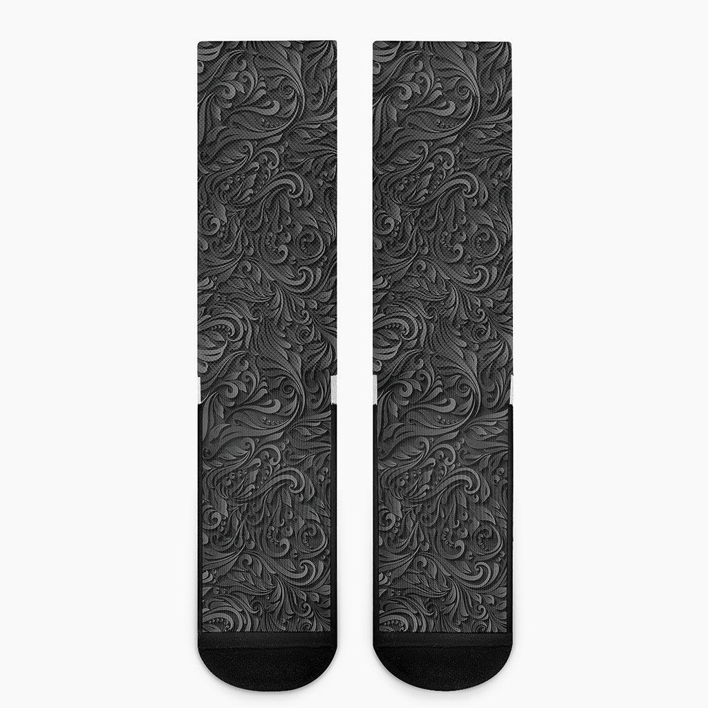 Black Western Damask Floral Print Crew Socks