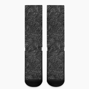 Black Western Damask Floral Print Crew Socks