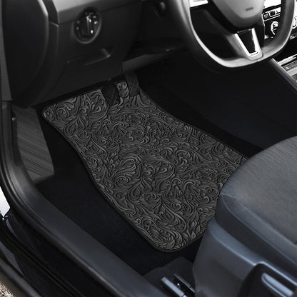 Black Western Damask Floral Print Front and Back Car Floor Mats