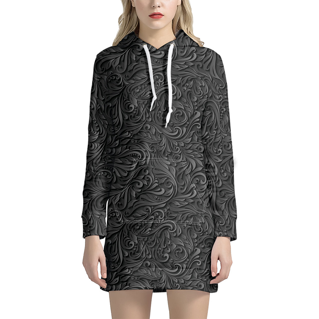 Black Western Damask Floral Print Hoodie Dress