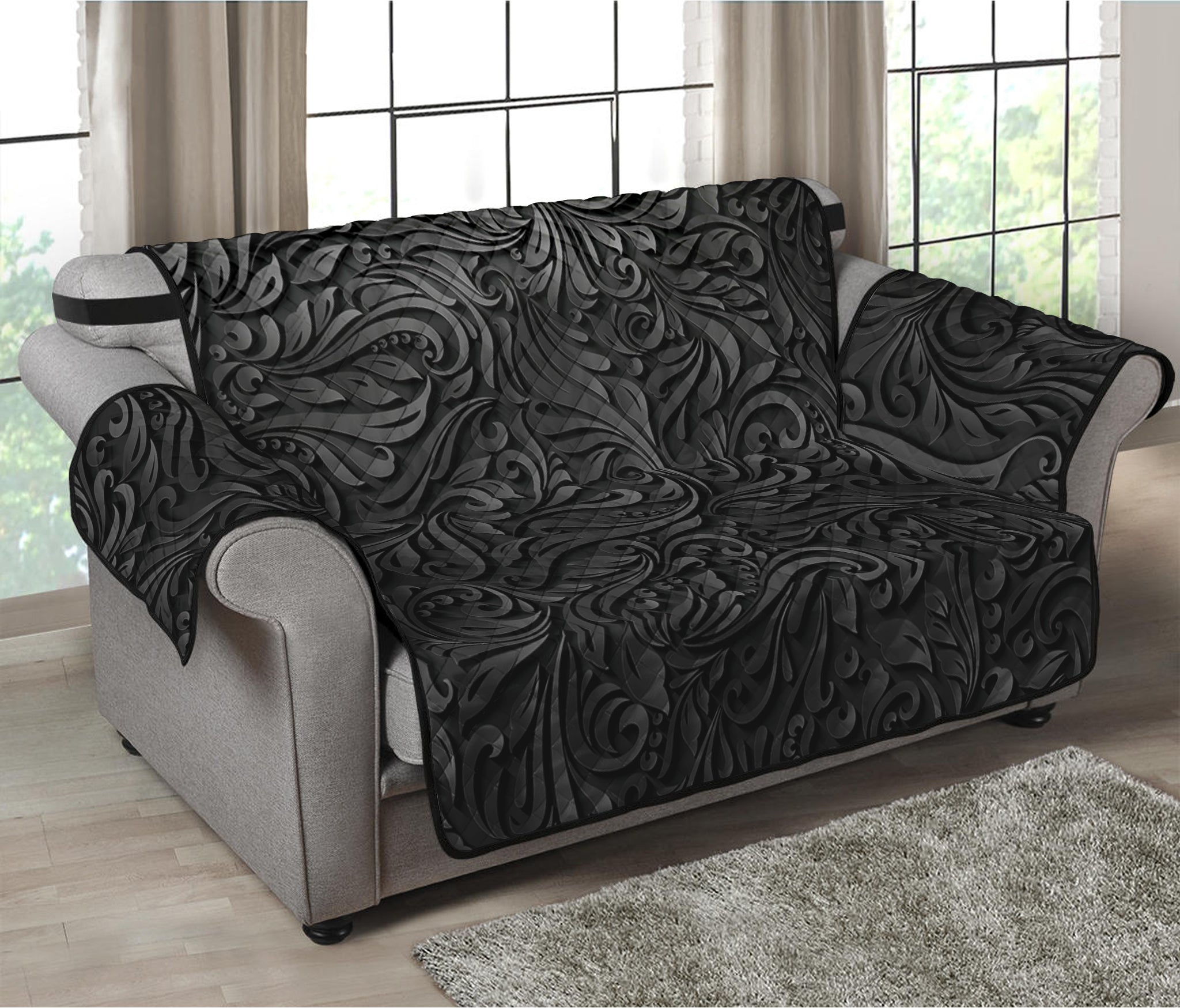 Black Western Damask Floral Print Loveseat Protector