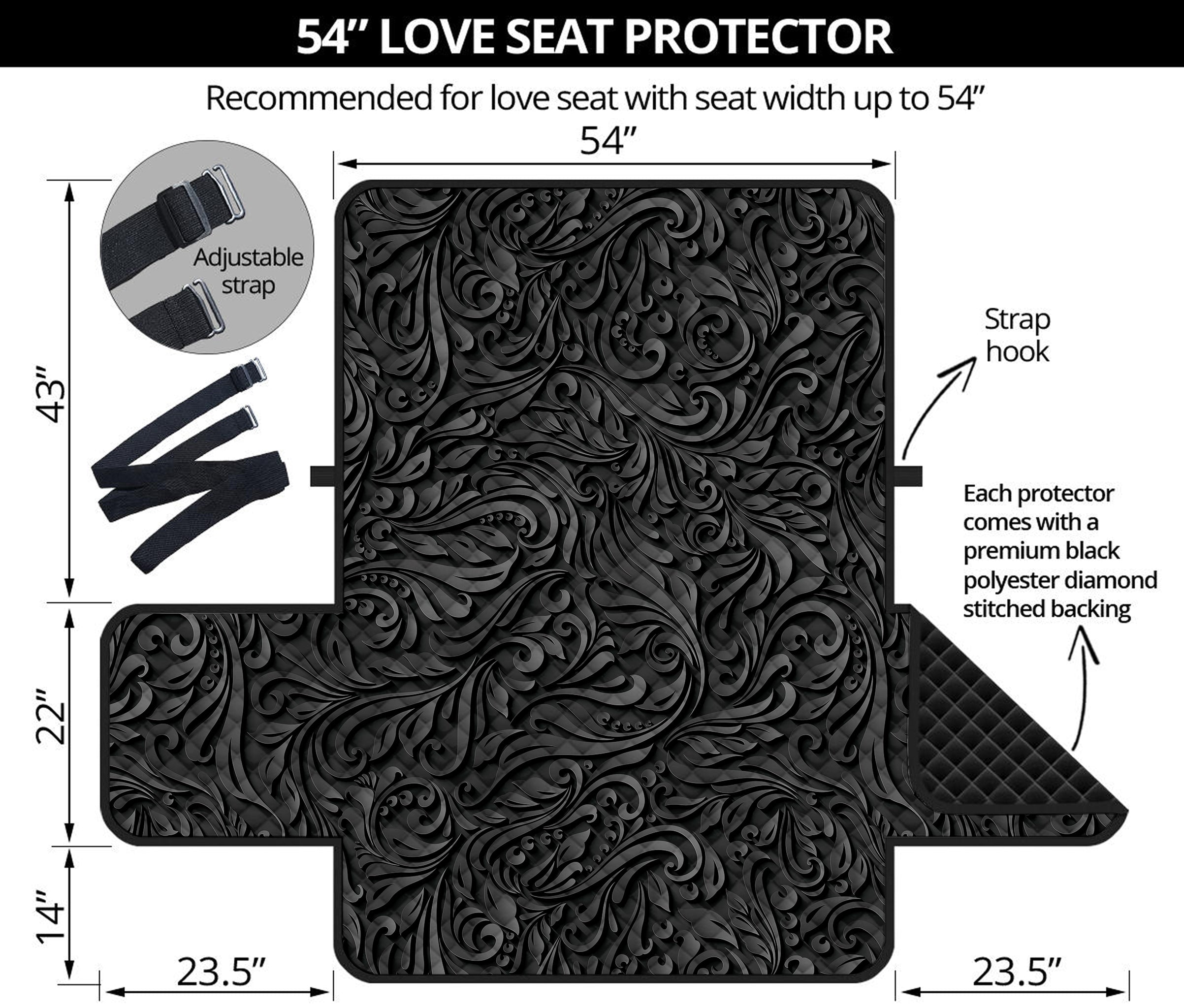 Black Western Damask Floral Print Loveseat Protector