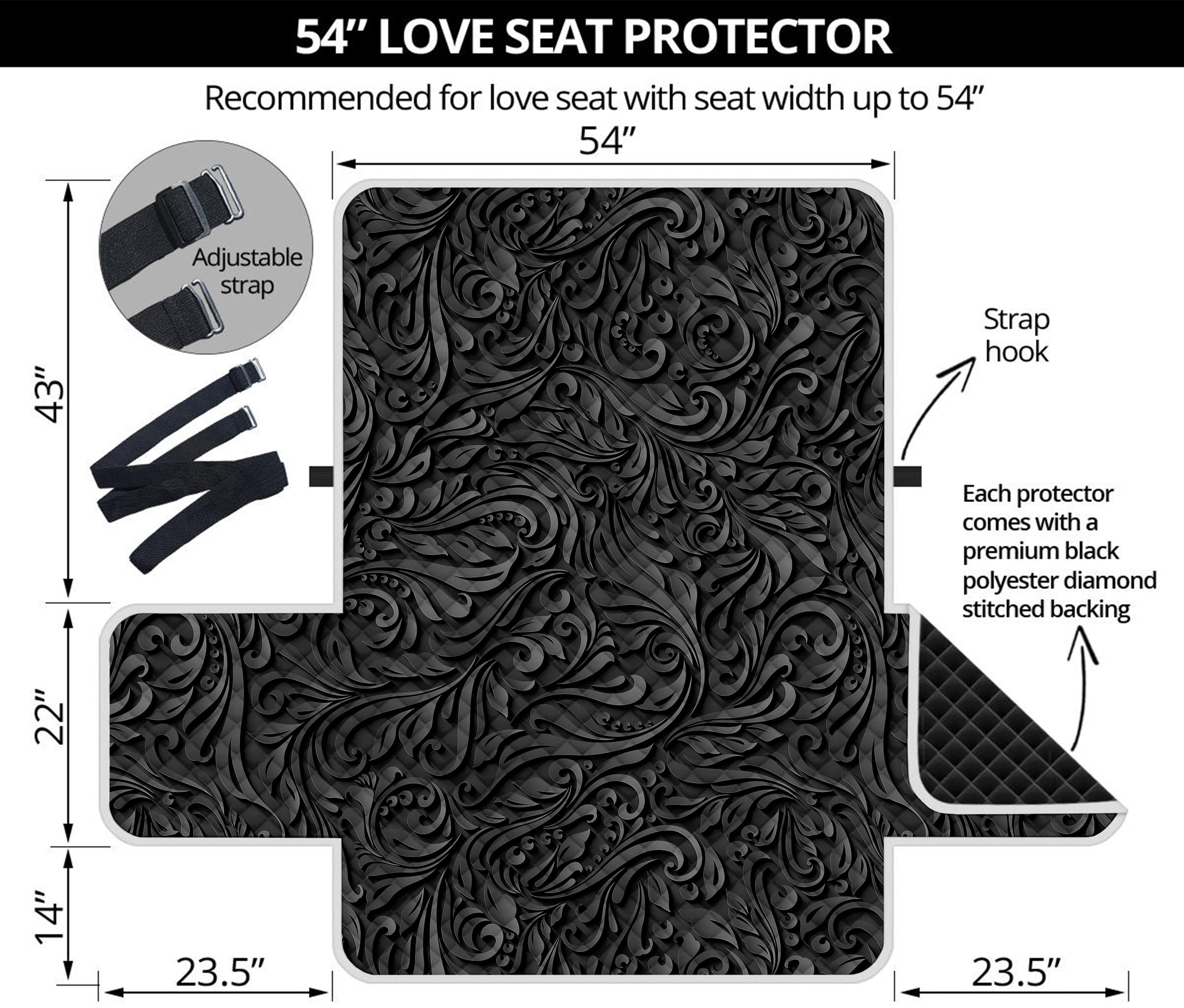 Black Western Damask Floral Print Loveseat Protector