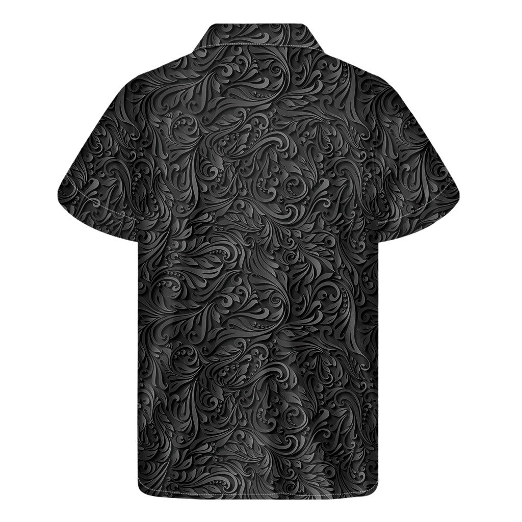 Black Western Damask Floral Print Men's Short Sleeve Shirt