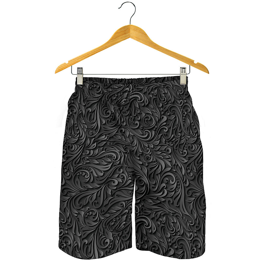 Black Western Damask Floral Print Men's Shorts