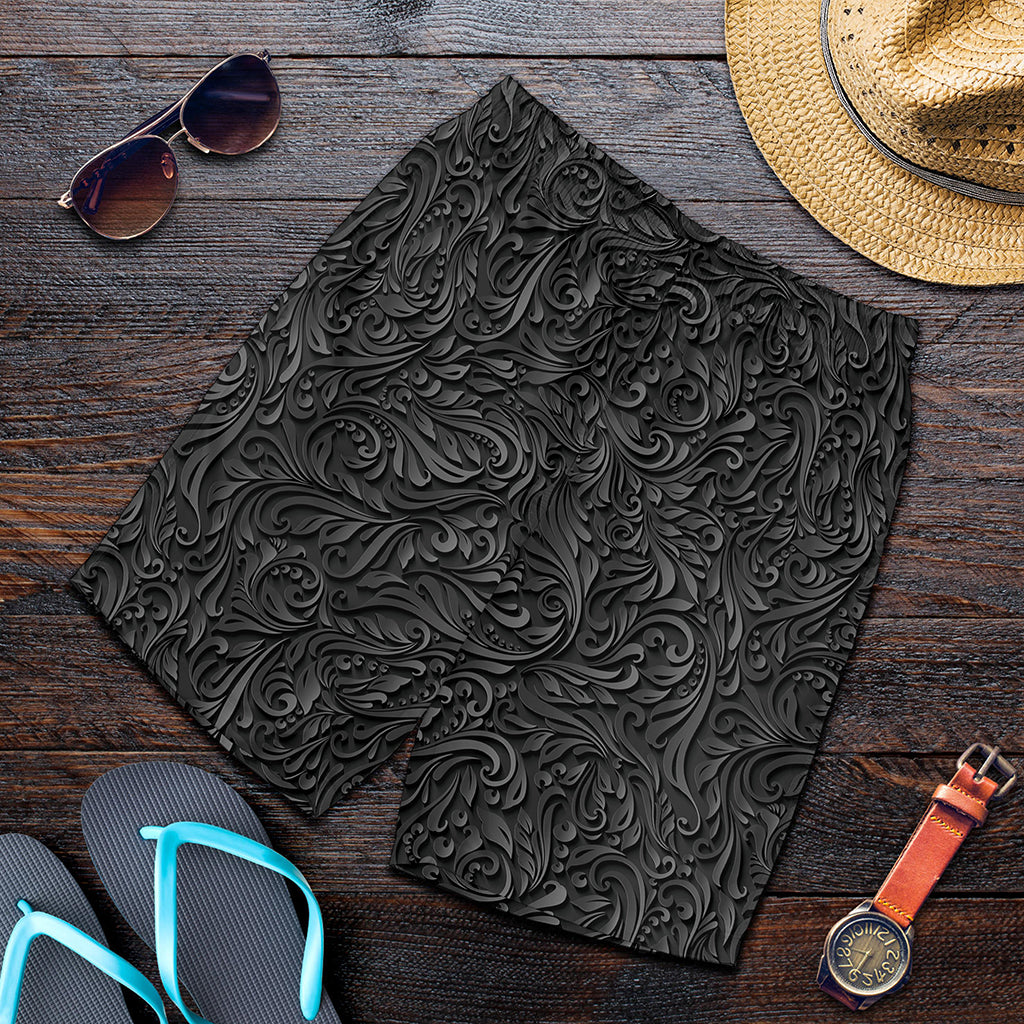 Black Western Damask Floral Print Men's Shorts