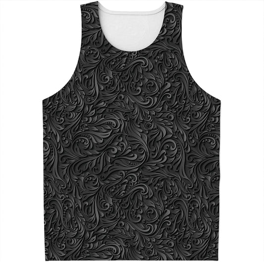 Black Western Damask Floral Print Men's Tank Top