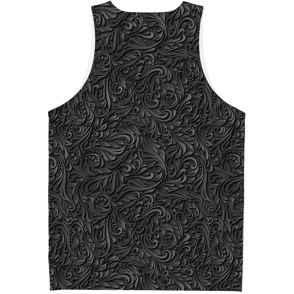 Black Western Damask Floral Print Men's Tank Top
