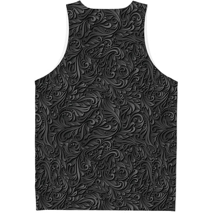 Black Western Damask Floral Print Men's Tank Top