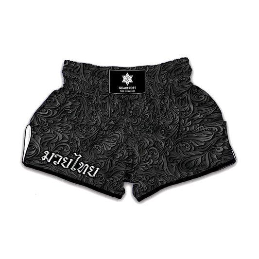 Black Western Damask Floral Print Muay Thai Boxing Shorts