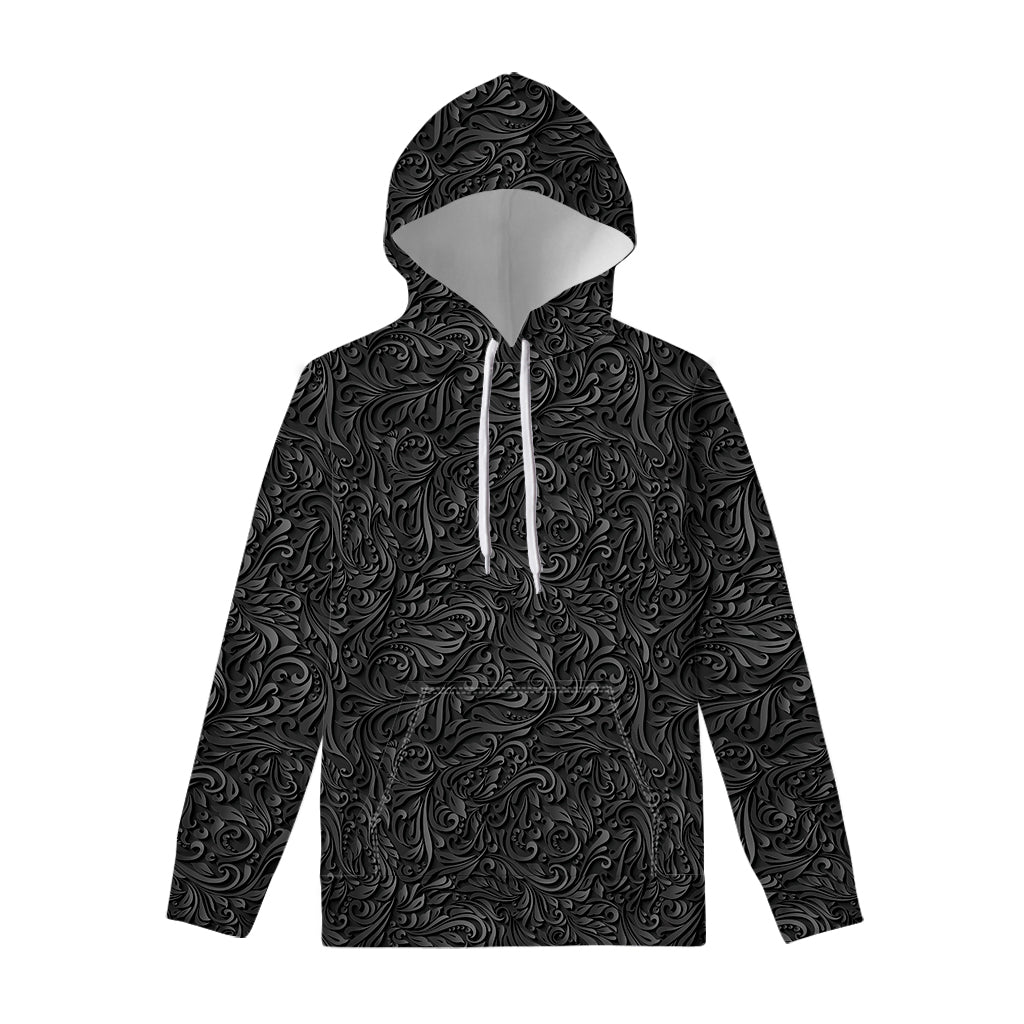 Black Western Damask Floral Print Pullover Hoodie