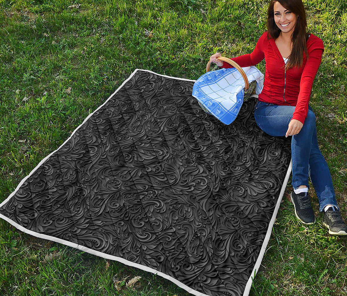 Black Western Damask Floral Print Quilt