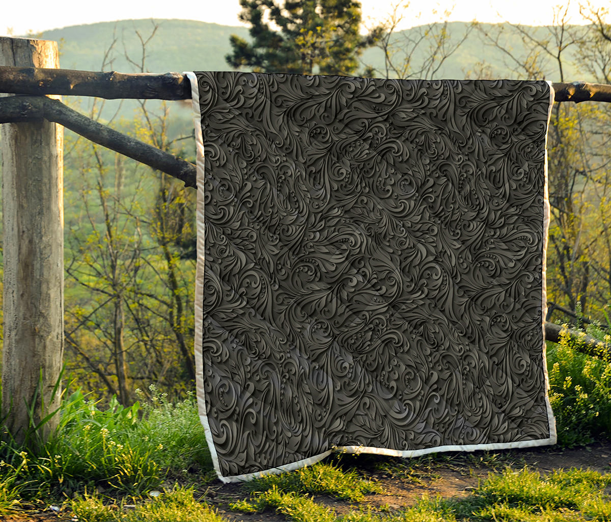 Black Western Damask Floral Print Quilt