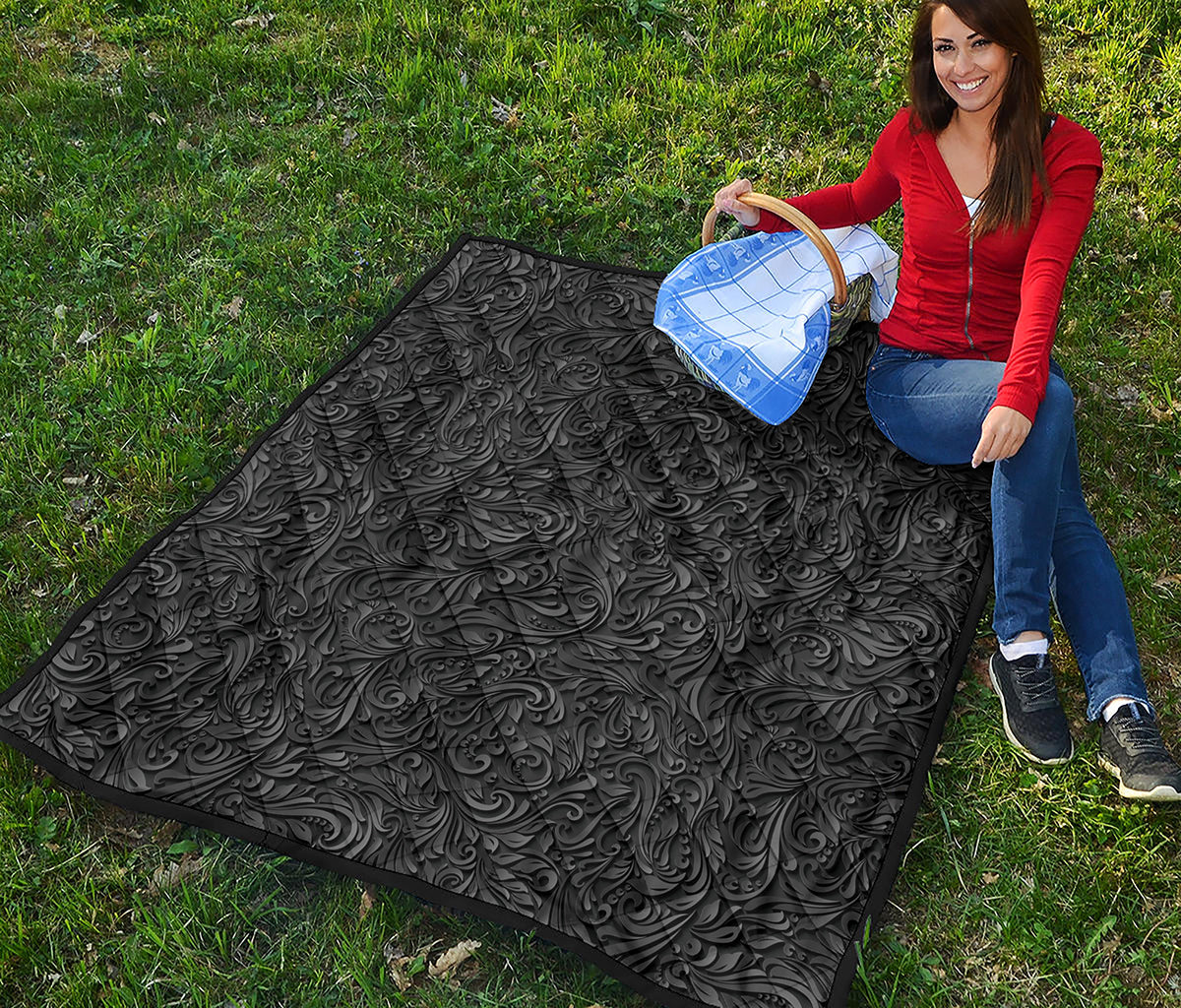 Black Western Damask Floral Print Quilt