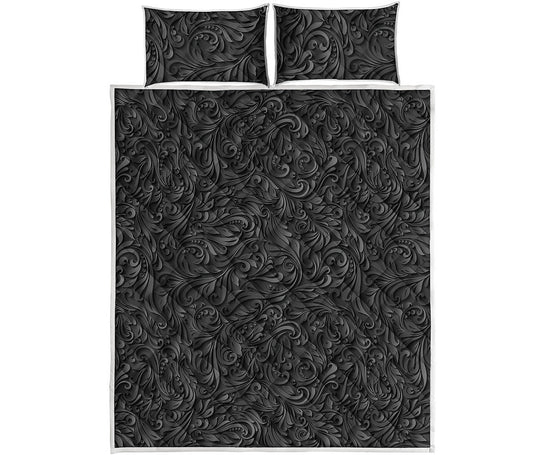 Black Western Damask Floral Print Quilt Bed Set