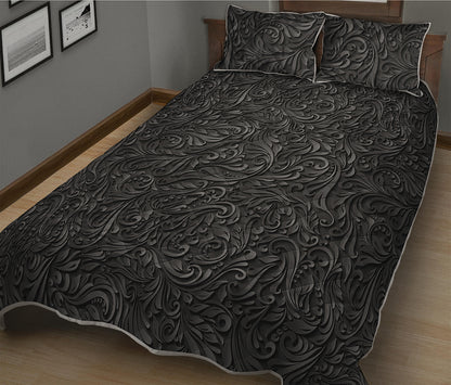 Black Western Damask Floral Print Quilt Bed Set