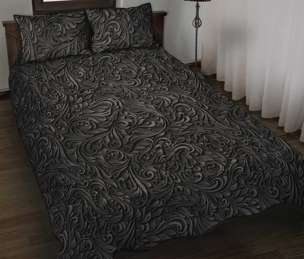 Black Western Damask Floral Print Quilt Bed Set