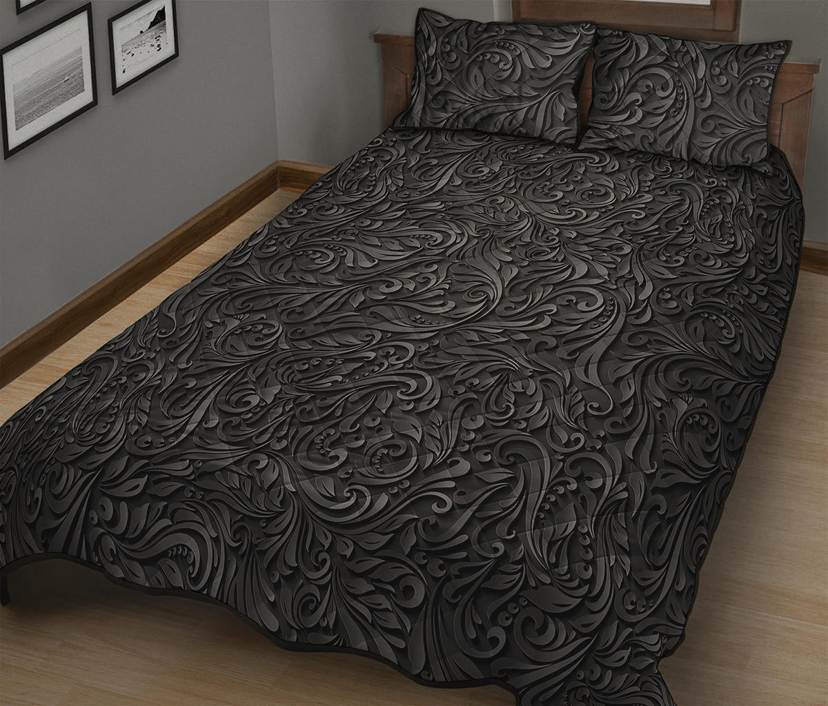 Black Western Damask Floral Print Quilt Bed Set