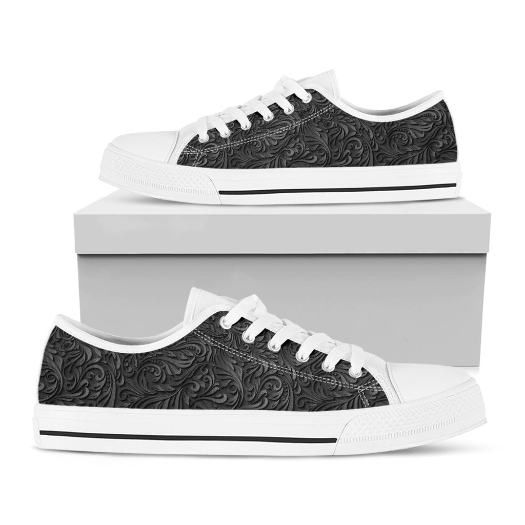 Black Western Damask Floral Print White Low Top Shoes