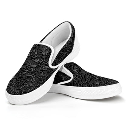 Black Western Damask Floral Print White Slip On Shoes