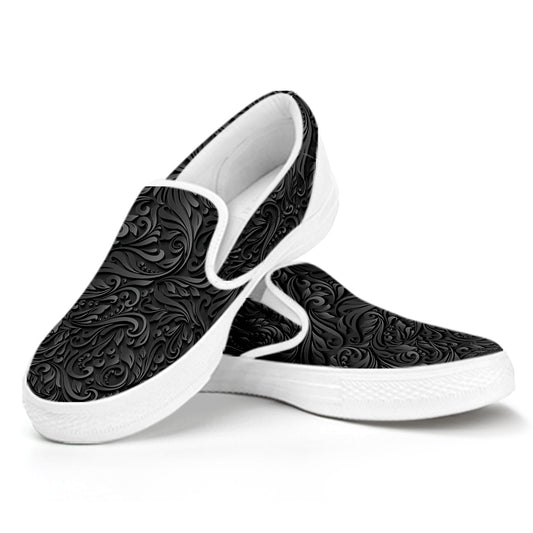 Black Western Damask Floral Print White Slip On Shoes