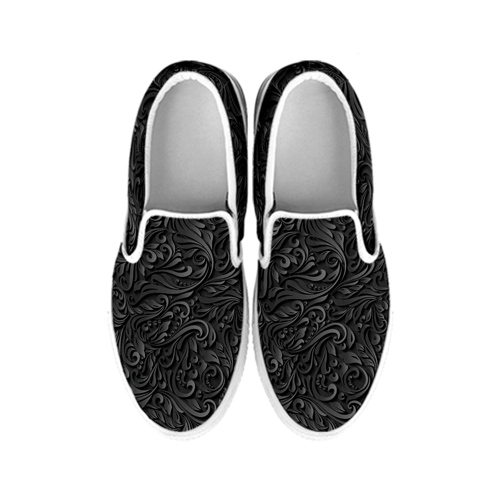 Black Western Damask Floral Print White Slip On Shoes