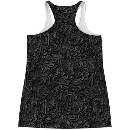 Black Western Damask Floral Print Women's Racerback Tank Top