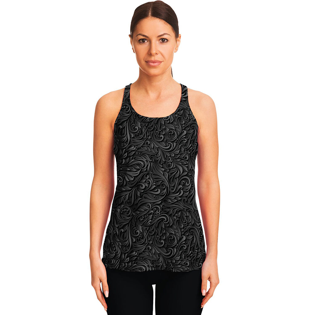 Black Western Damask Floral Print Women's Racerback Tank Top