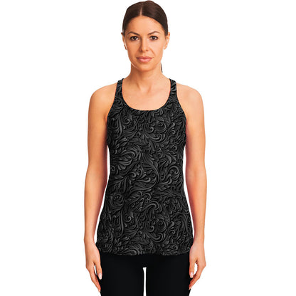 Black Western Damask Floral Print Women's Racerback Tank Top
