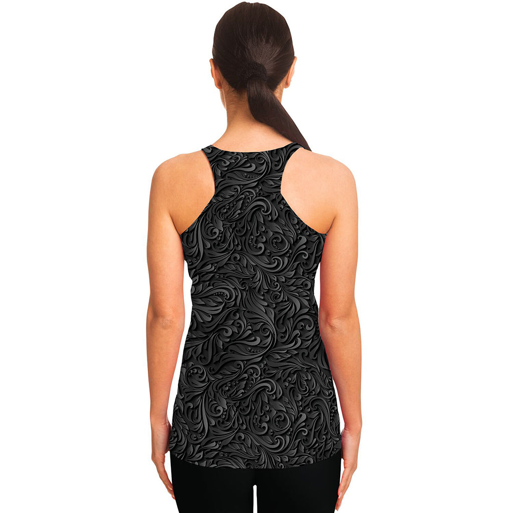 Black Western Damask Floral Print Women's Racerback Tank Top