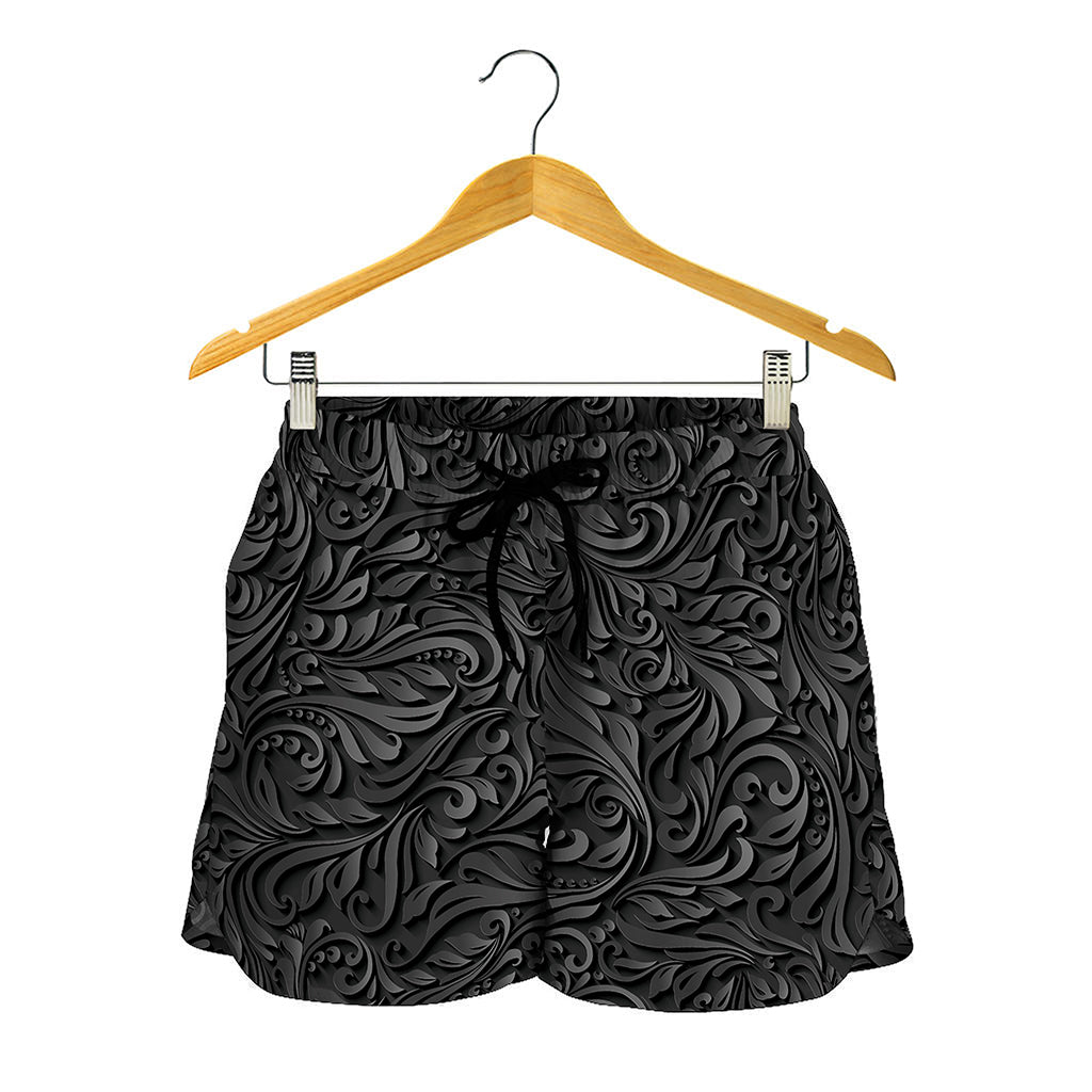 Black Western Damask Floral Print Women's Shorts