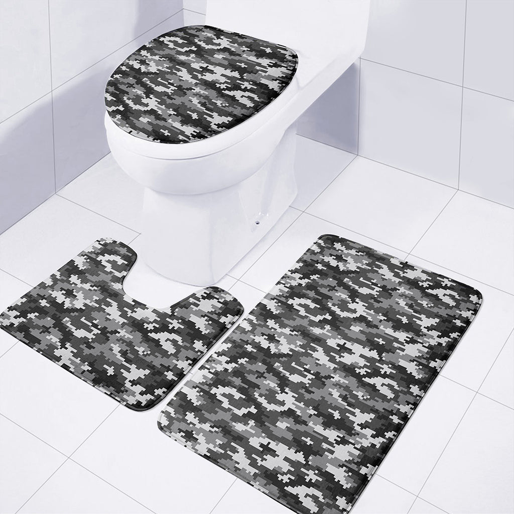Black White And Grey Digital Camo Print 3 Piece Bath Mat Set