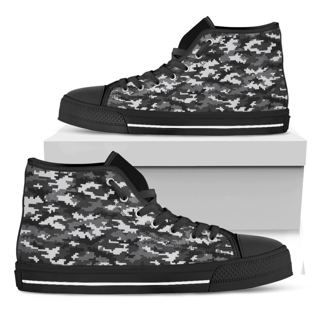 Black White And Grey Digital Camo Print Black High Top Shoes