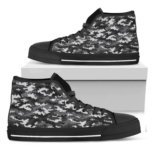 Black White And Grey Digital Camo Print Black High Top Shoes