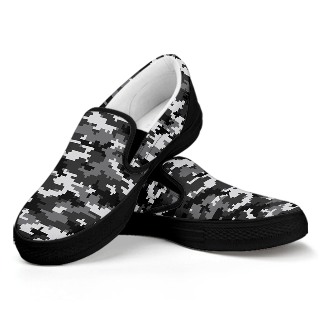 Black White And Grey Digital Camo Print Black Slip On Shoes