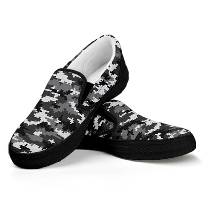 Black White And Grey Digital Camo Print Black Slip On Shoes