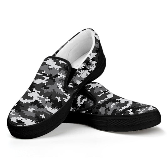Black White And Grey Digital Camo Print Black Slip On Shoes
