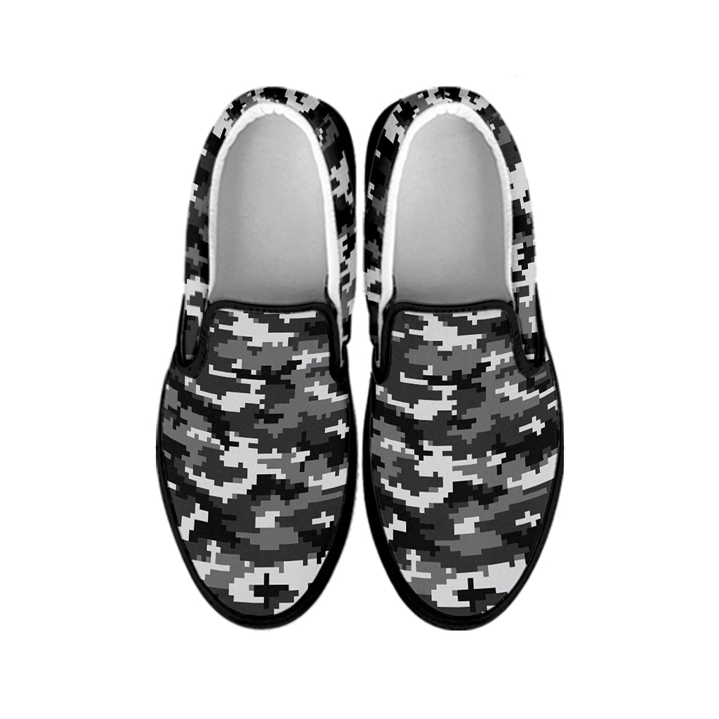 Black White And Grey Digital Camo Print Black Slip On Shoes