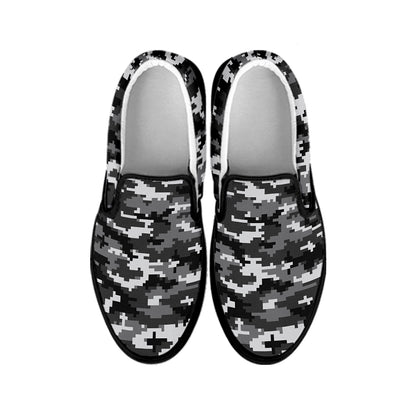 Black White And Grey Digital Camo Print Black Slip On Shoes