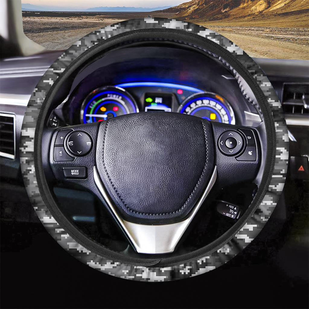 Black White And Grey Digital Camo Print Car Steering Wheel Cover