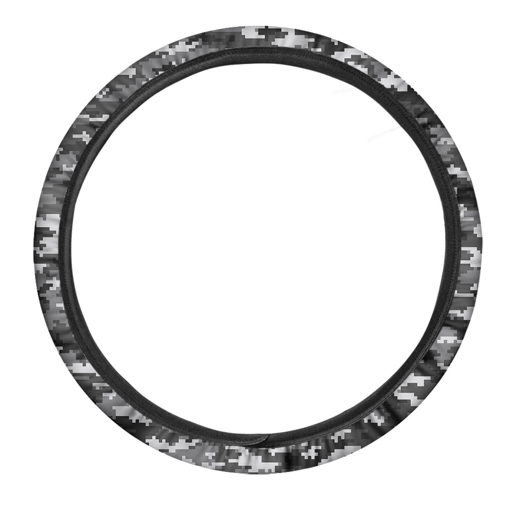 Black White And Grey Digital Camo Print Car Steering Wheel Cover