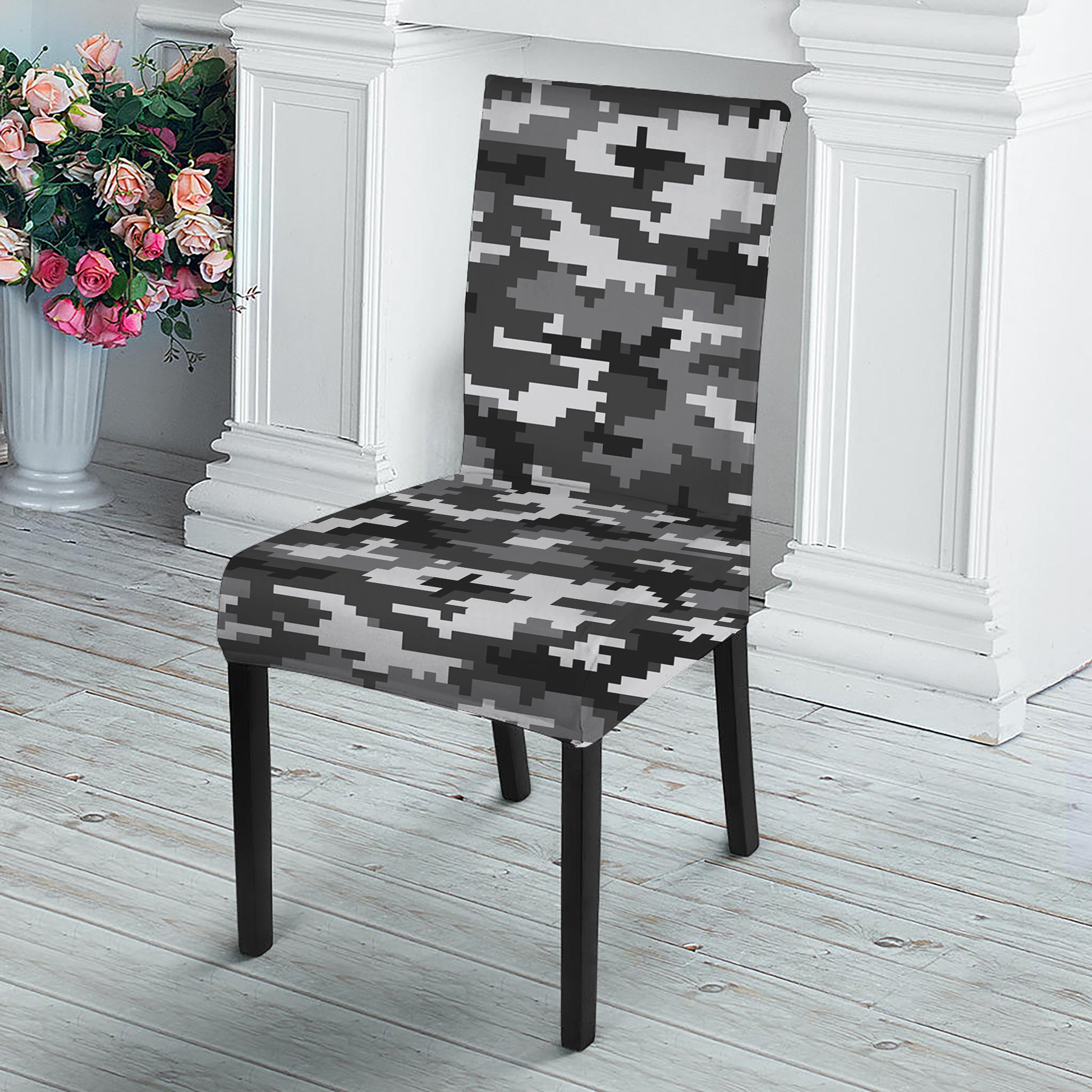 Black White And Grey Digital Camo Print Dining Chair Slipcover