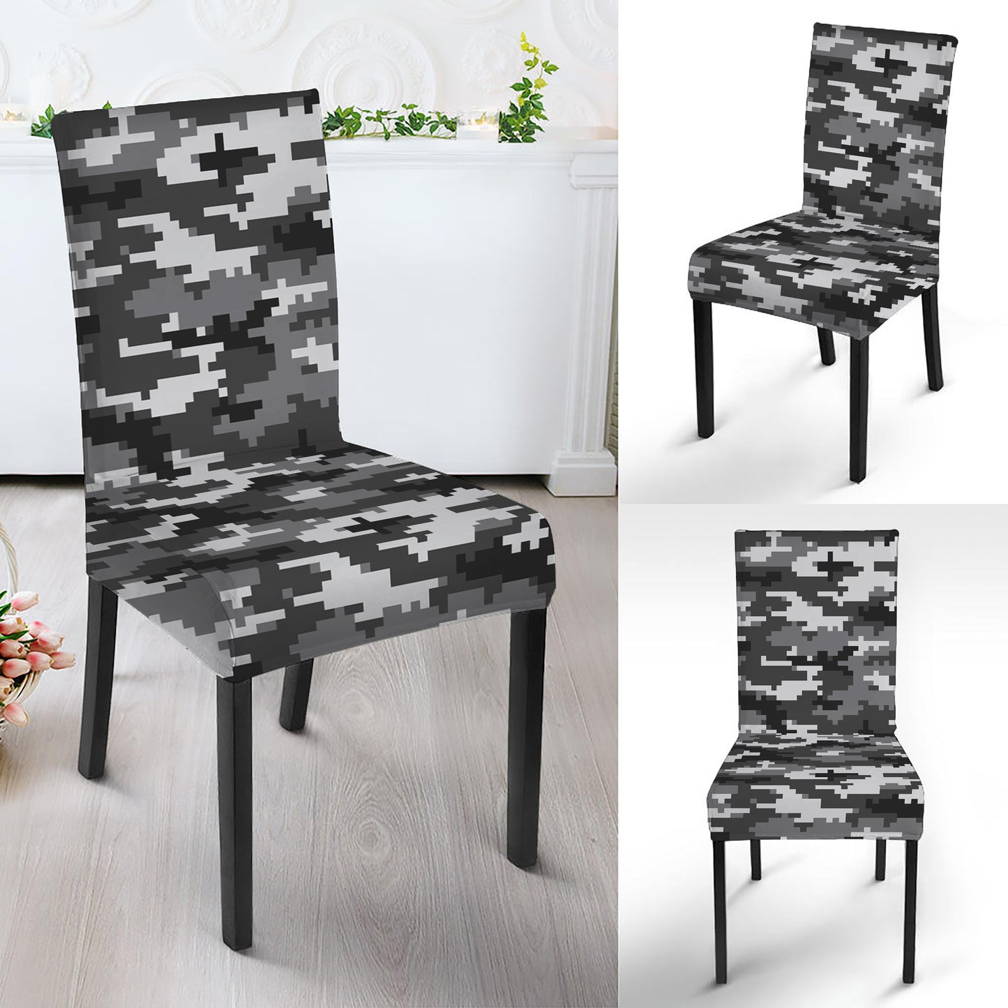 Black White And Grey Digital Camo Print Dining Chair Slipcover