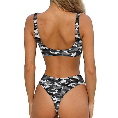 Black White And Grey Digital Camo Print Front Bow Tie Bikini