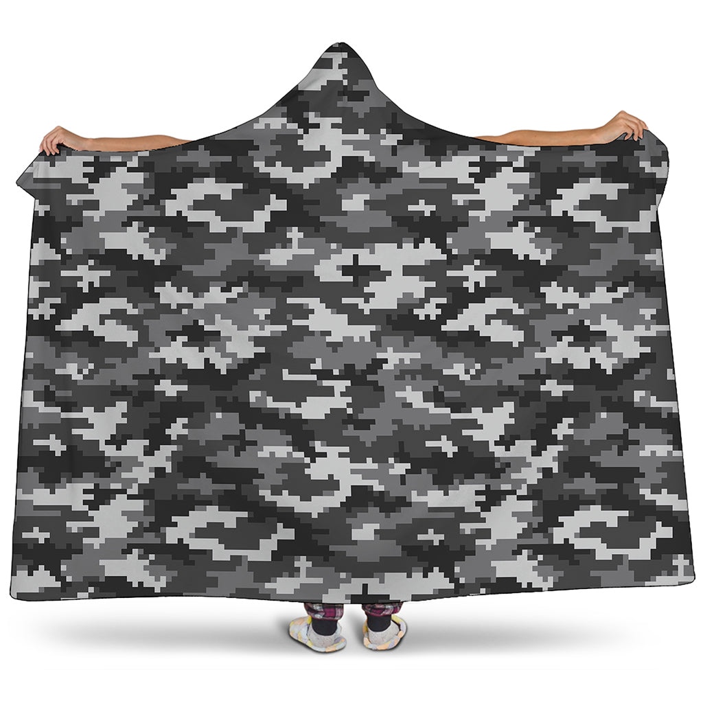 Black White And Grey Digital Camo Print Hooded Blanket